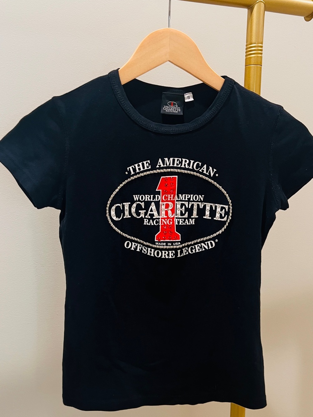 Women World Champion Bejeweled Black Graphic Tee - 'Cigarette Racing'